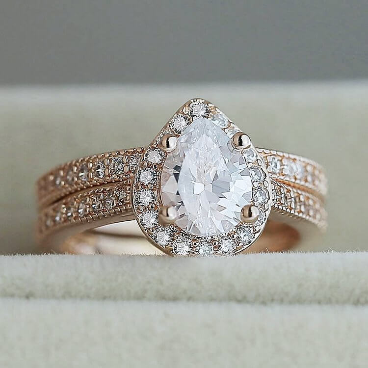 2 Pcs Rose Gold Pear Shape Zircon Ring Set