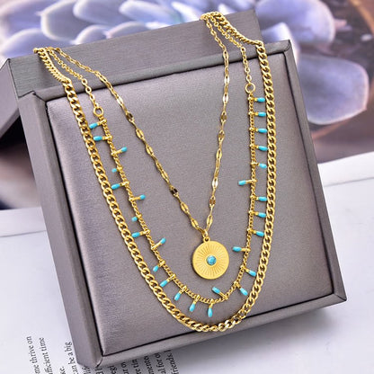 Natural Turquoise Pendant Triple 18K Necklace Set