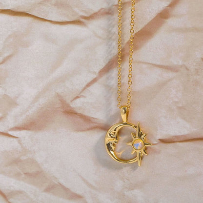 Natural Opal Hollow Star Moon Clavicle Necklace