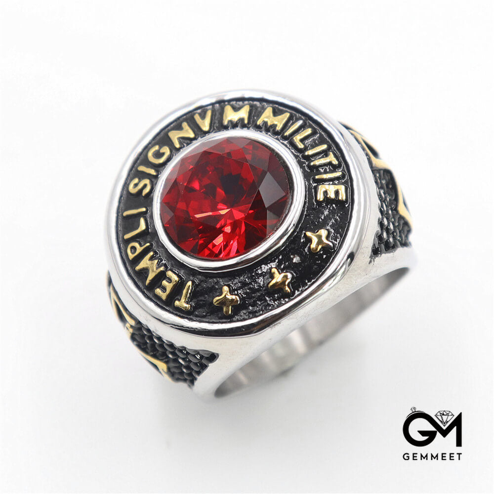 Titanium Steel Vintage Red Zircon Ring for Men