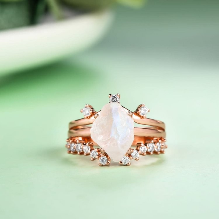 Irregular Moonstone White Zircon Rose Gold Ring