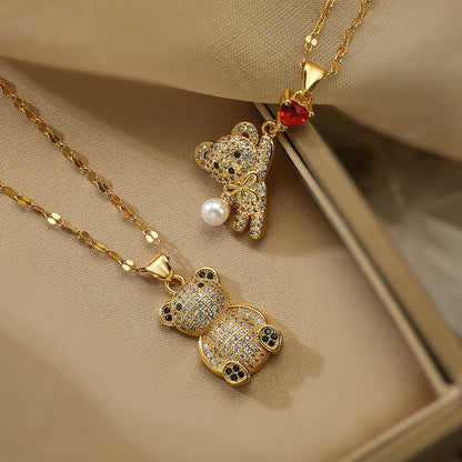 Cut Full Stones Bear Pendant Necklace