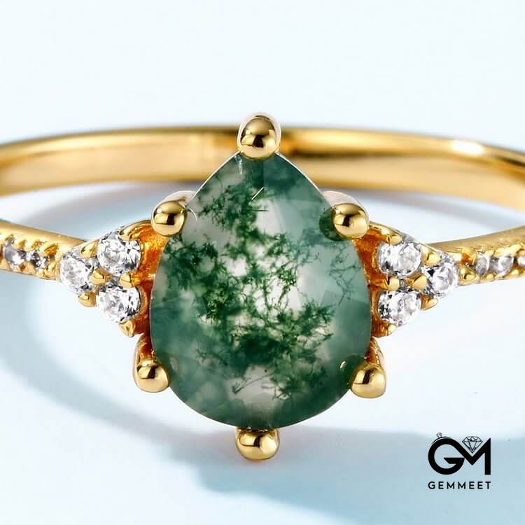 Moss Agate White Zircon Six Claw Ring