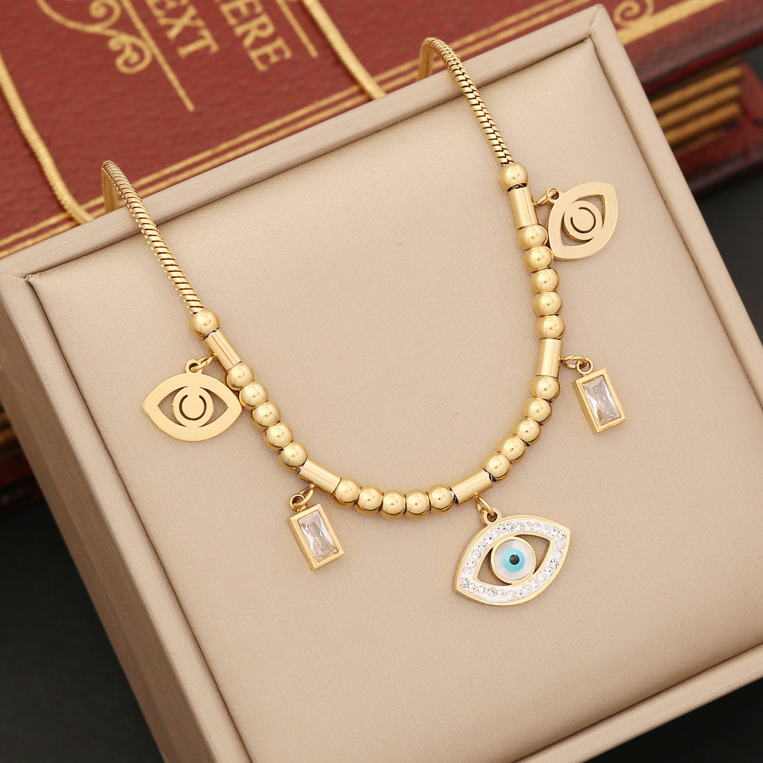 Hollow Evil Eye Golden Bead Pendant Bracelet Necklace & Earrings