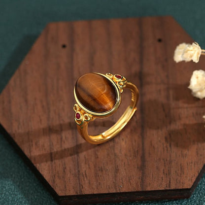 Oval Tiger Eye Rose Zirconia Gold Adjustable Ring