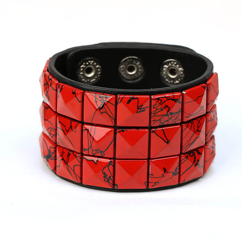 Punk Multicolor Square Spike Leather Bracelet Statement Ride Bar Wide Leather Bracelet