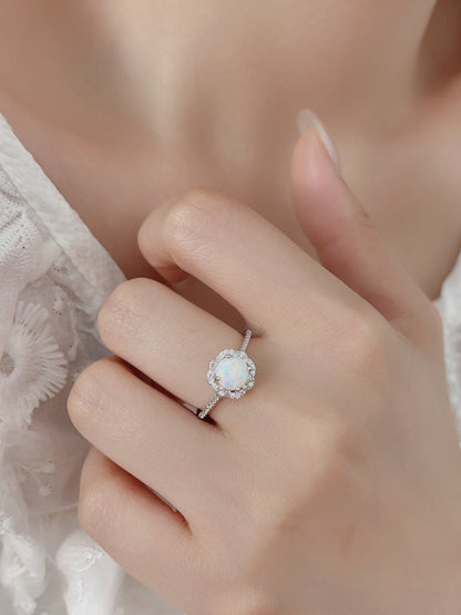 S925 Hollow Flower Opal Full Stones Ring