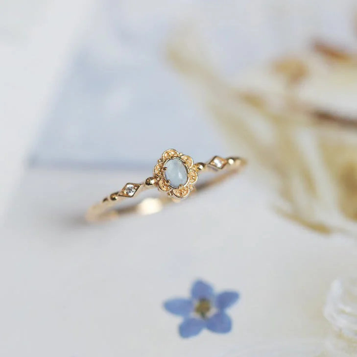 Vintage Natural Aquamarine Daisy Flowers Ring