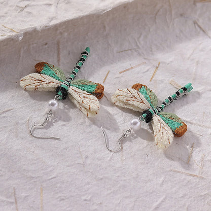 Vintage Dragonfly Fabric Pearl Earrings