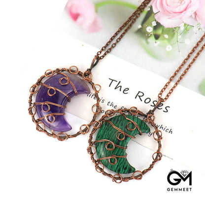 Copper Wire Crystal Moon Pendant Necklace