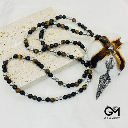 Tiger Eye Stone Geometric Pendant Rosary Necklace