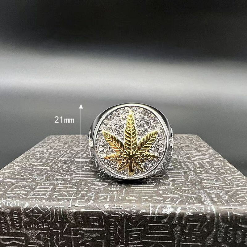 HIPHOP Titanium Steel Gold Maple Leaf Cubic Zirconia Cross Men's Ring