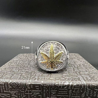 HIPHOP Titanium Steel Gold Maple Leaf Cubic Zirconia Cross Men's Ring