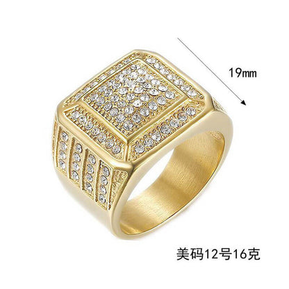 New Hip-Hop Ring Titanium Steel Vacuum Gold-plated Luxury Fully Inlaid Synthetic Cubic Zirconia HIPHOP Men's Ring