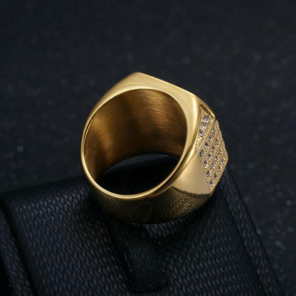 Stainless Steel Vacuum Gold-plated Inlaid Cubic Zirconia Eagle Domineering Men's Square Ring