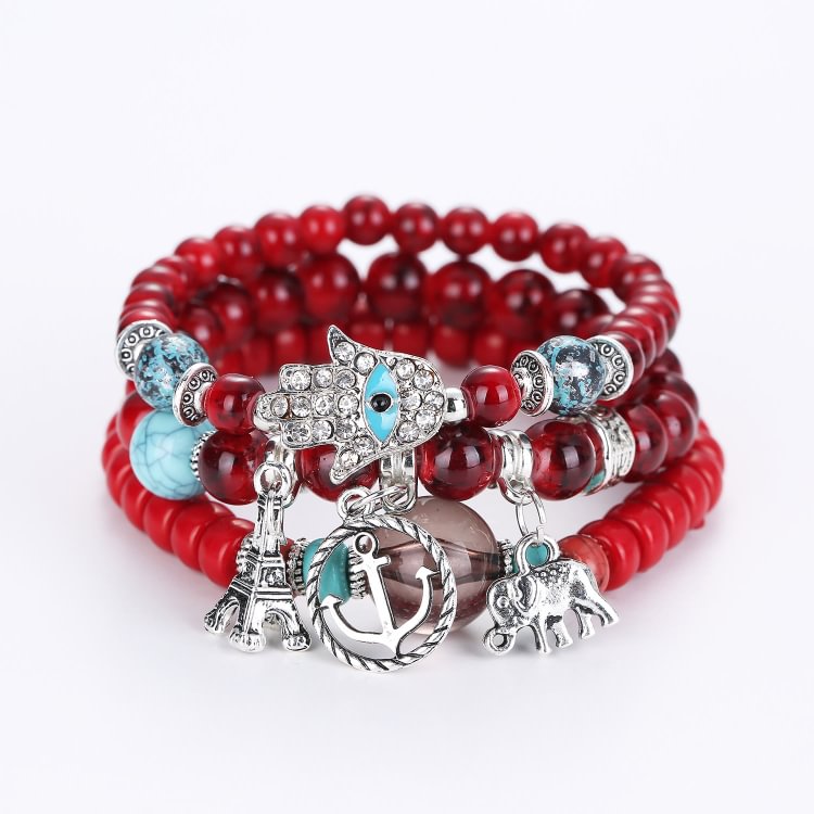 Elephant Tower Evil Eye Hamsa Bracelet Set