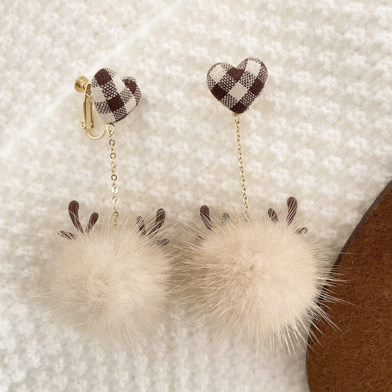 Christmas Elk Fur Ball Brown Girl Sweet Earrings Without Pierced Ear Clips