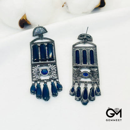 Hollow Rectangular Blue Stone Tassel Drop Earrings