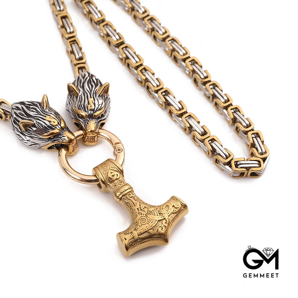 Gold Stainless Steel Wolf Head Thor Hammer Necklace