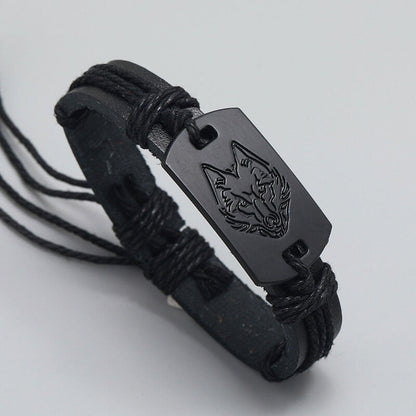 Punk Leather Black Wolf Head Woven Layered Bracelet