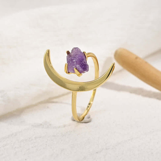 Star And Moon Amethyst Healing Adjustable Ring