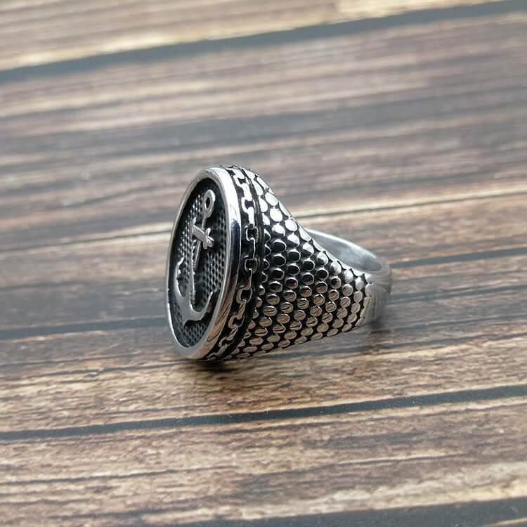 Vintage Punk Polished Navy Anchor Men's Ring