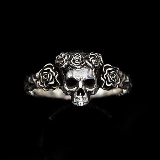 Black Rose Skull Adjustable Ring