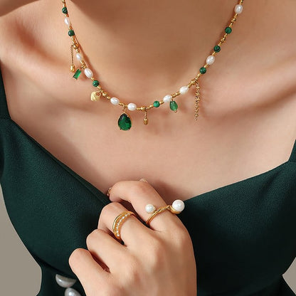 Emerald Pearl Beaded Non Fading Golden Necklace