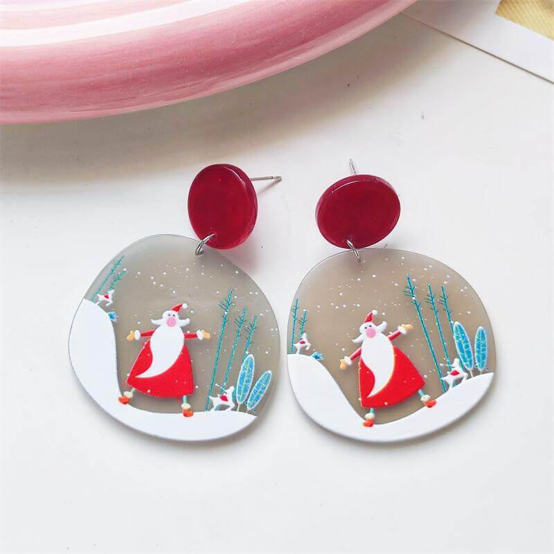 Christmas Vintage Embossed Print Holiday Acrylic Earrings Elk Snowman Christmas Tree