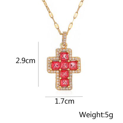 Cute Color Stones Halo Cross Pendant Necklace