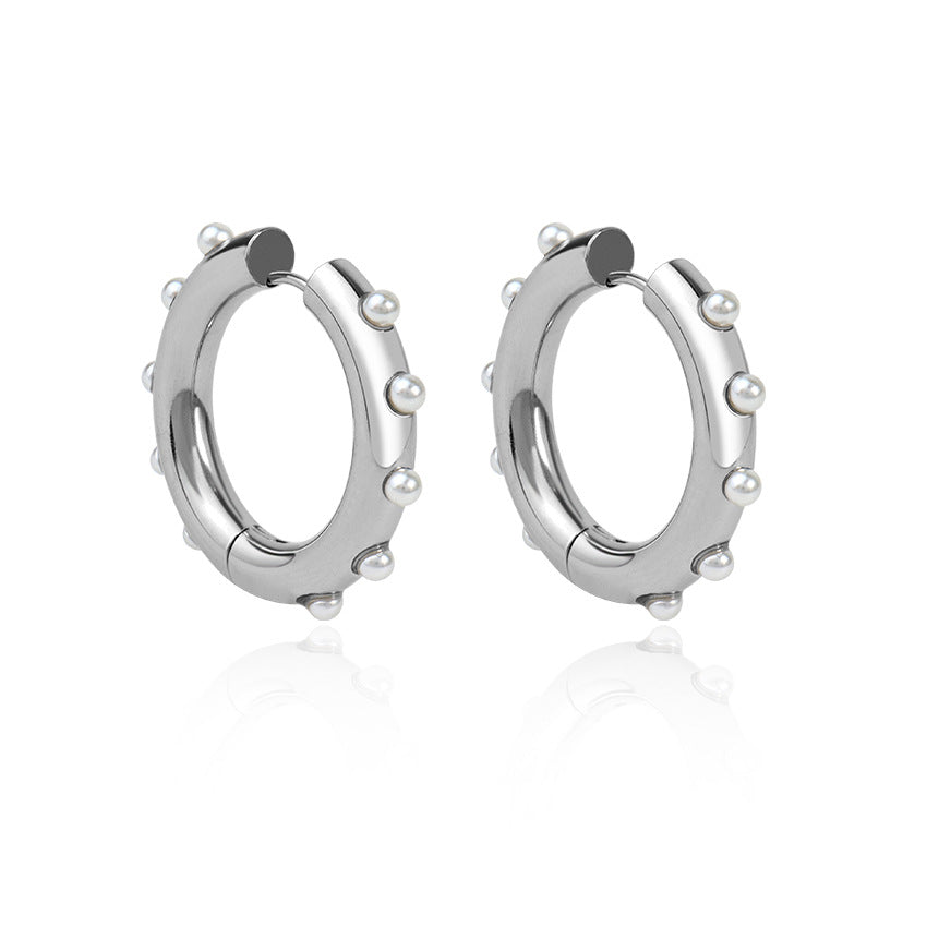 Huggie Steel Pearl Chunky Hoop Earrings