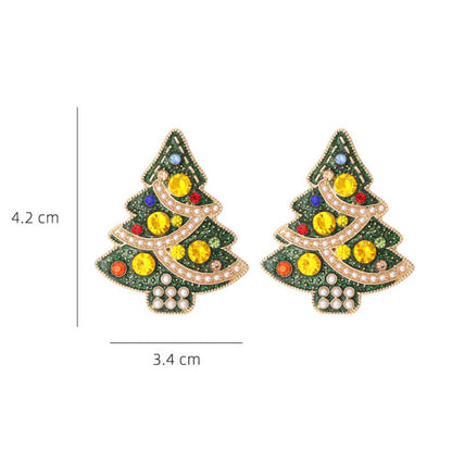 Christmas New Cute Earrings Colorful Zircon Imitation Pearl Christmas Tree Earrings Fashion Alloy Oil Drip Earrings