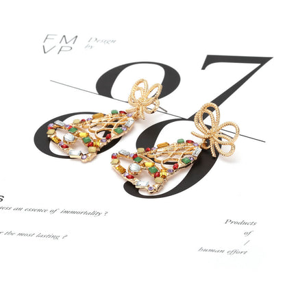 Christmas Exaggerated Color Full Inlaid Zircon Bell Earrings Retro Cartoon Bow Earrings