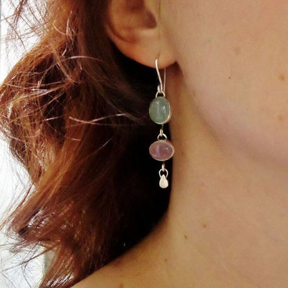 Pink And Green Cat's Eye Stone Witch Earrings