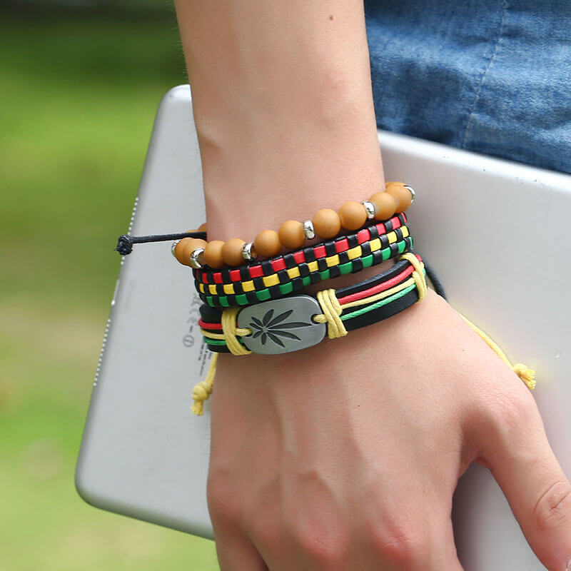 Hip-hop Hiphop Street Dance Red, Yellow and Green Braided Leather Bracelet