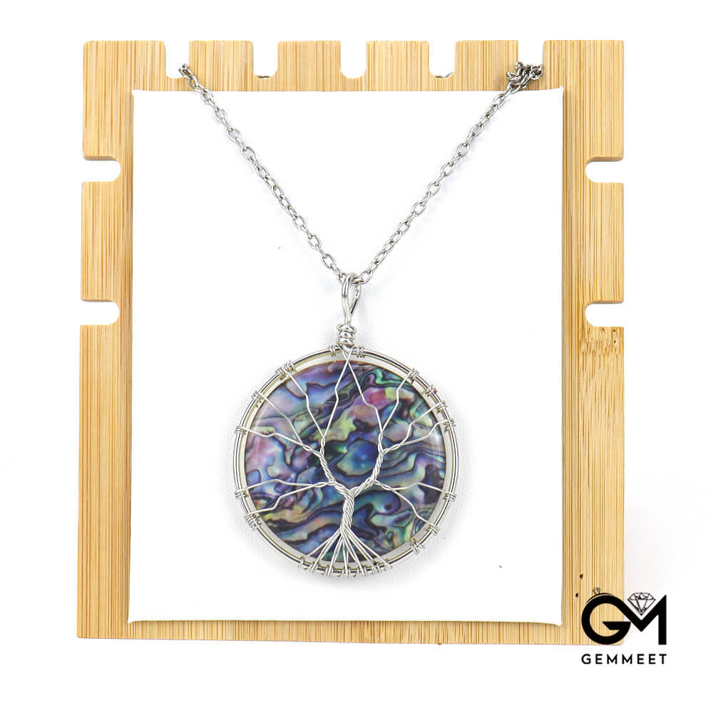 Synthetic Abalone Shell Tree of Life Disc Pendant Necklace