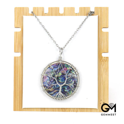 Synthetic Abalone Shell Tree of Life Disc Pendant Necklace