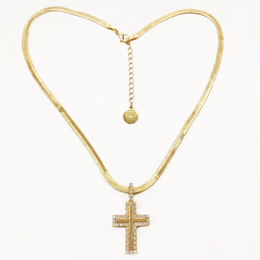 Snakeskin Chain Cross Frame Pendant Necklace