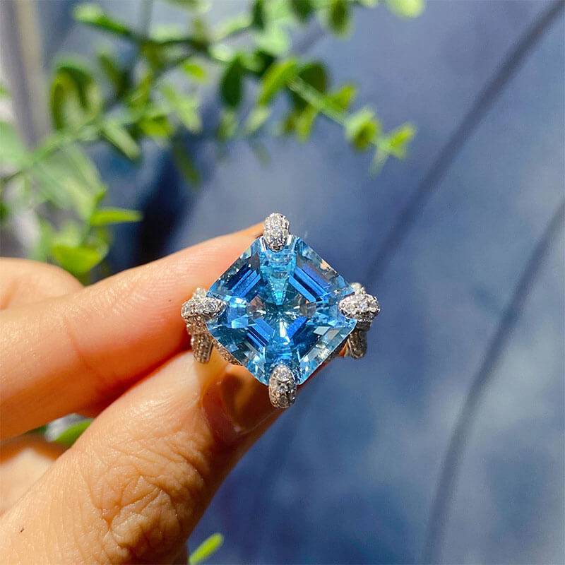 High-end Jewelry Heavy Industry Inlaid Asscher Craft Imitation Natural Aquamarine Topaz Ring