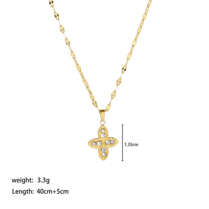 Golden 4 Leaf-clover Shape Full Stone Pendant Necklace