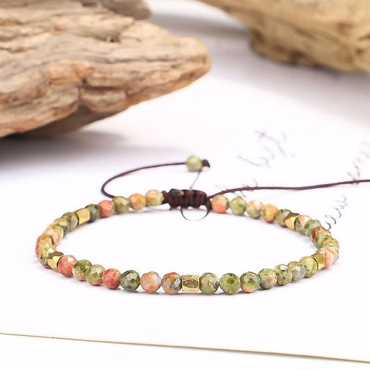 Faceted Unakite Beaded Braided Adjustable Bracelet