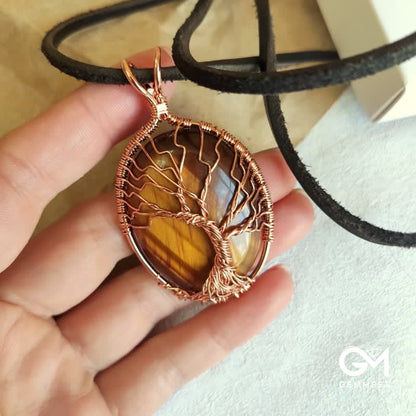 Oval Tiger Eye Tree of Life Stone Necklace