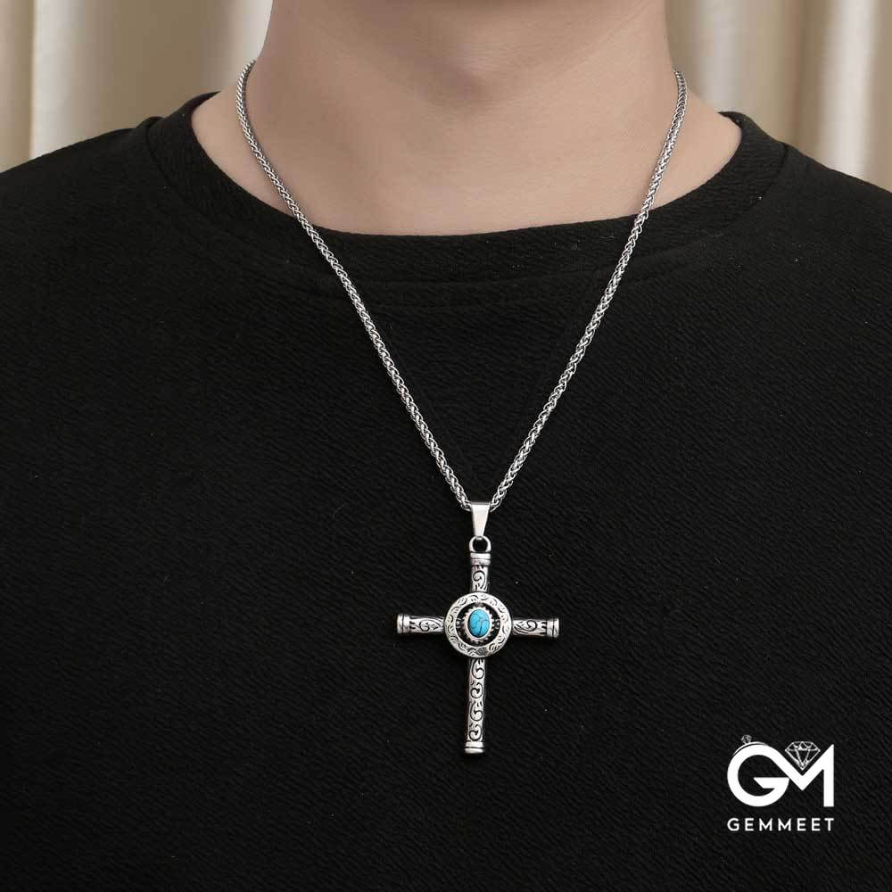 Stainless Steel Noble Scepter Cross Turquoise Necklace