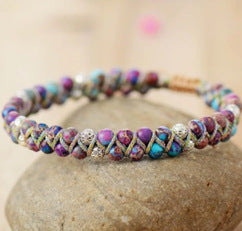 Purple Flower Royal Turquoise Bead Double Woven Bracelet