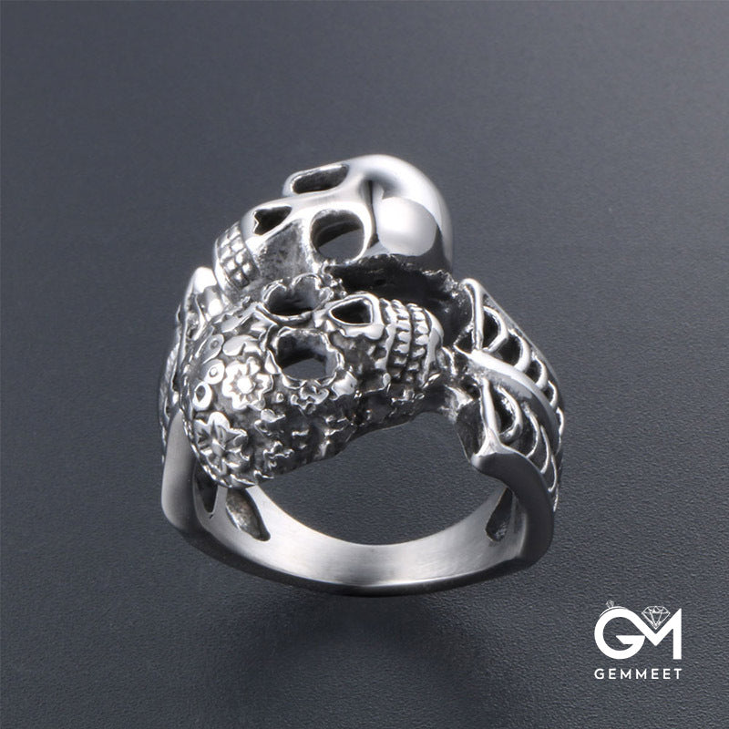 Titanium Steel Skull Double Head Symbiosis Ring