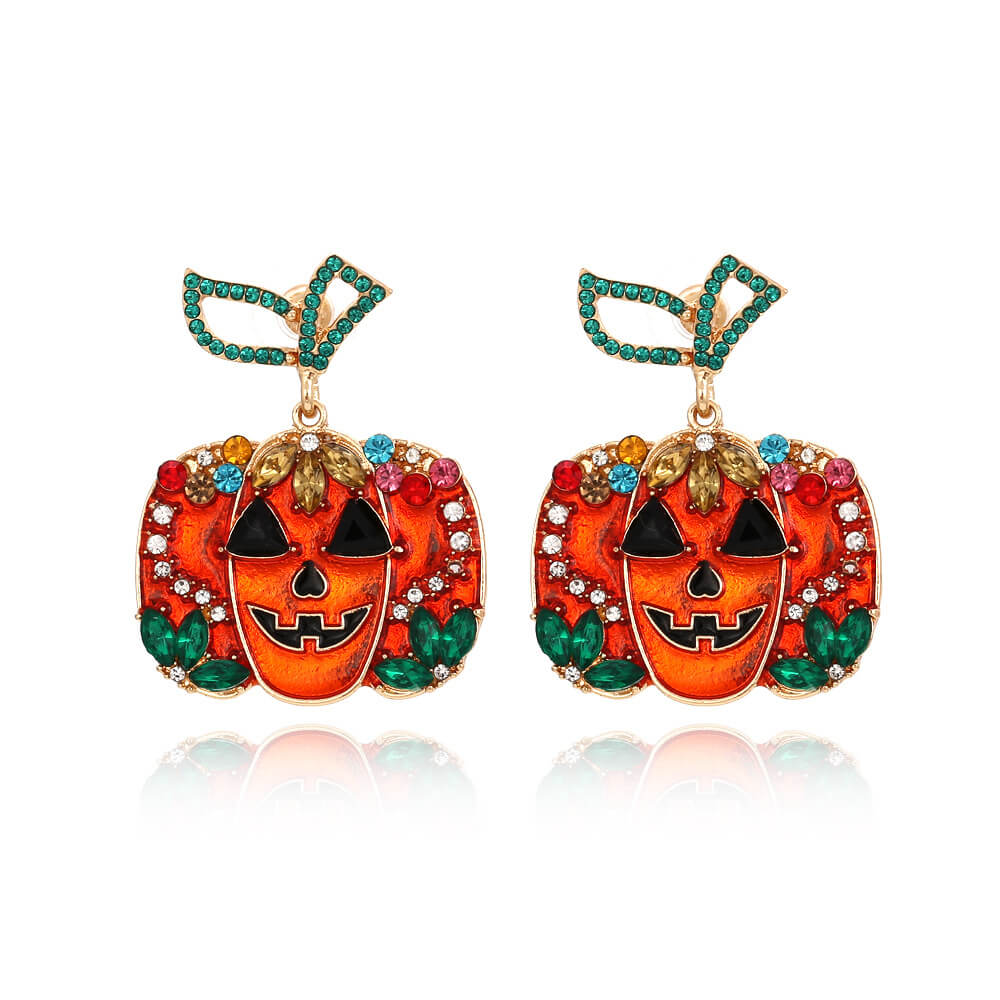 Halloween Exaggerated Full-studded Zircon Skull Jack-o-lantern Earrings Retro Ghost Face Ghost Fashion Earrings