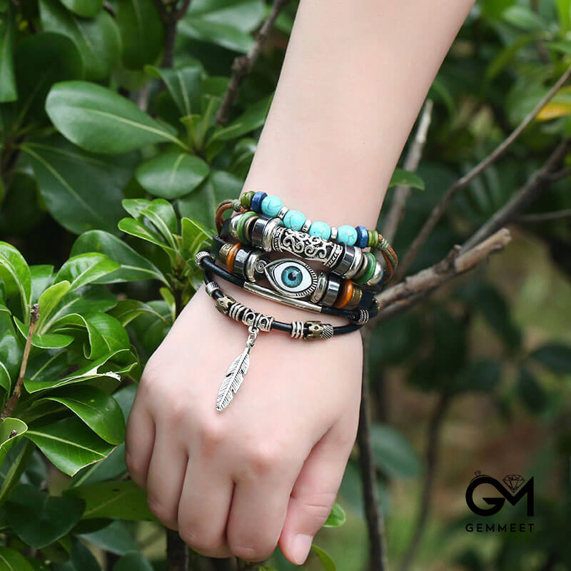 Beaded Multilayer Blue Eye Leather Ethnic Feather Bracelet