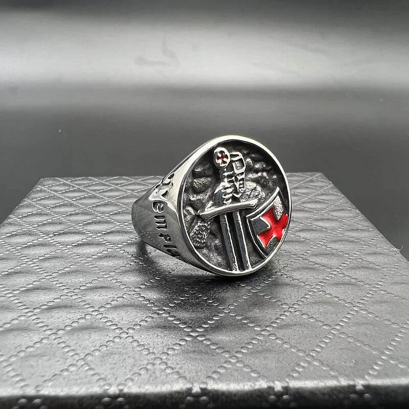 Templar Templar Inscription Red Epoxy Cross Men's Ring