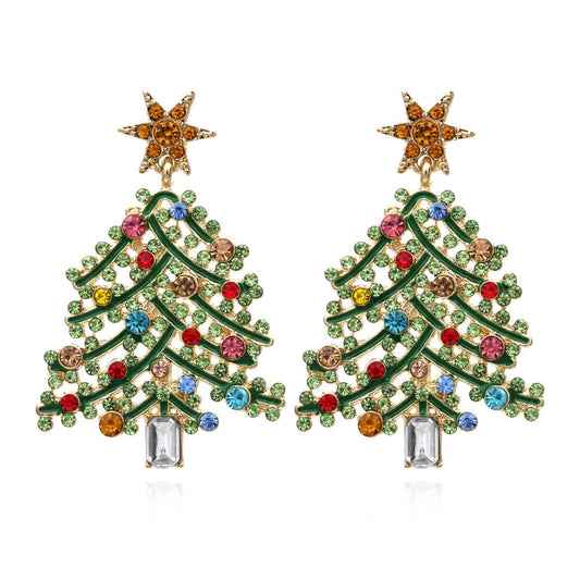 Christmas Color Zircon Earrings Hollow Inlaid Zircon Christmas Tree Earrings Personality Temperament Earrings