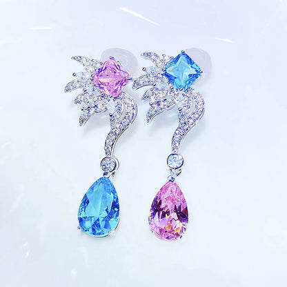 Temperament AB Style Earrings Luxury Bright Drop-shaped Pink Diamond Imitation Aquamarine Long Earrings